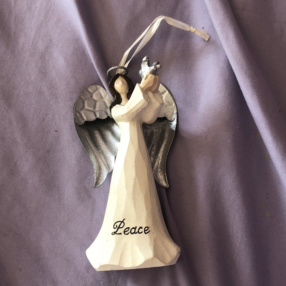 Peace Angel/metal wings/resin body?/Dove in hands/“Peace” written on lower dress